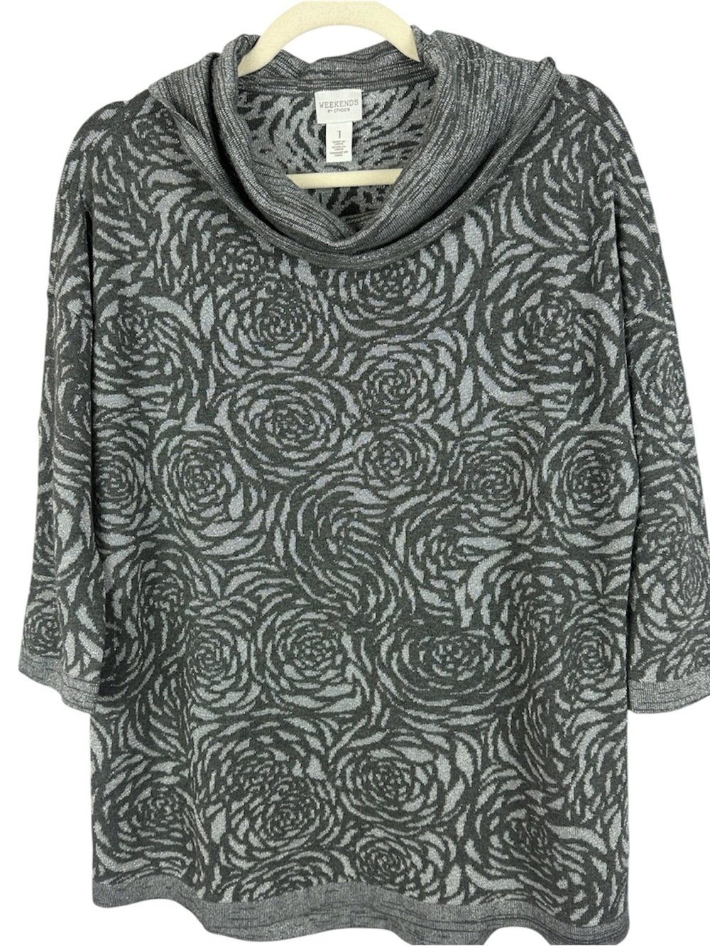 Chico's Weekends Floral Rose Metallic Knit Cowl Neck Sweater Gray Silver Sz 1-M